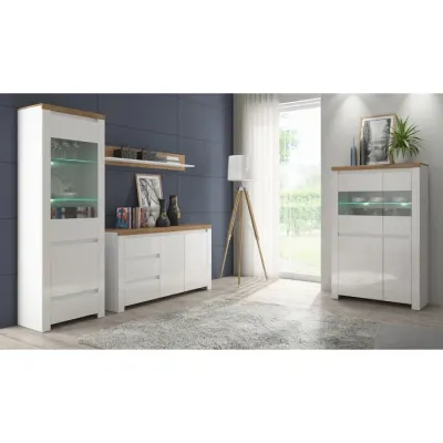 Set Living VIGO, 4 piese, 2 vitrine, comoda, raft suspendar, alb + stejar wotan