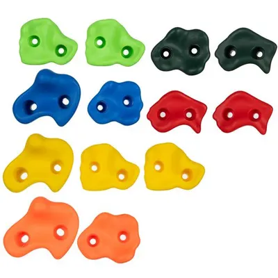 Set complet de alpinism pentru copii cu 13 pietre multicolore, 2 manere si accesorii de montare incluse, sarcina maxima pana la 150 kg per piatra si 100 kg per maner