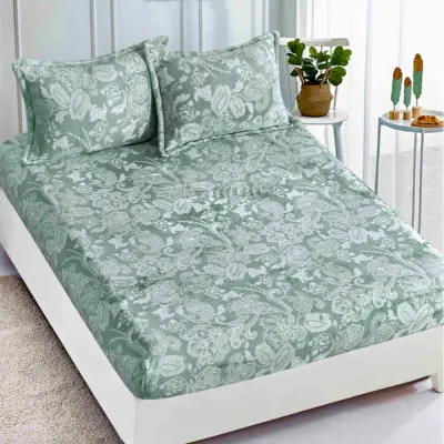 Cearsaf CoCoLiNo, JoJo Home, cu Elastic, 180x200x25cm, 2 fete de perne, 50x70cm, Menta, model floral