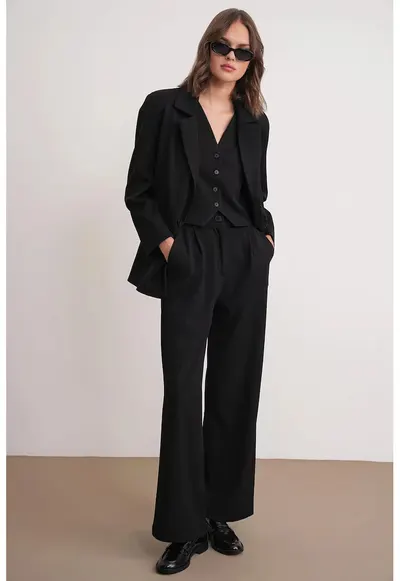 Pantaloni dama - Palazzo plisati - buzunare - negru - textil