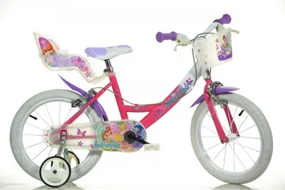 Bicicleta copii Dino Bikes Winx 16 inch, varsta 5-7 ani, inaltimea recomandata 107-125 cm, frana de mana pe ambele roti, cosulet cumparaturi si scaunel pentru papusa, cauciucuri gonflabile, roti ajutatoare