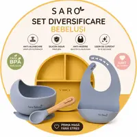 Set diversificare bebelusi Saro Mustar-Albastru farfurie din silicon, bol cu ventuza, baveta, lingurita ergonomica si cana pentru antrenament