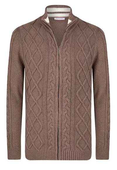 Cardigan cu fermoar si model torsade - Maro inchis