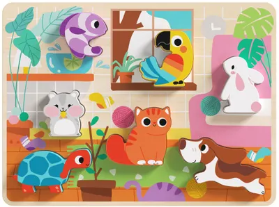 Puzzle educativ din lemn Tooky Toy - 3D Animale de companie