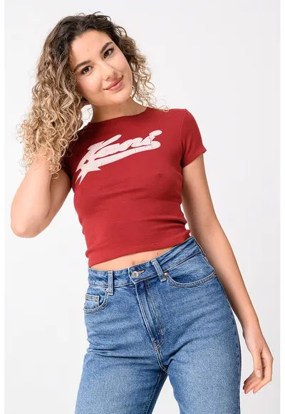 Tricou crop cu logo Varsity Star - Alb/Visiniu/Roz