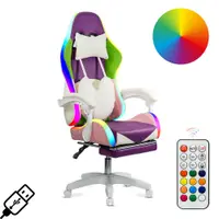 Scaun gaming mov si roz cu suport de picioare si banda LED RGB OFF 298