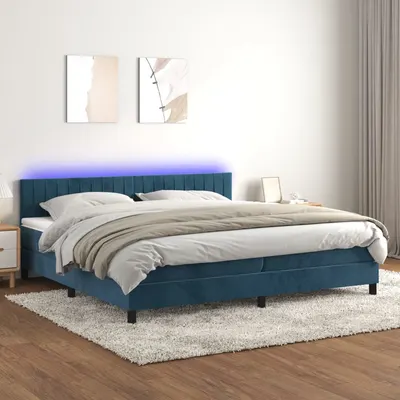 Gossi pat cu arcuri, saltea si led, bleumarin, 200x200 cm, catifea
