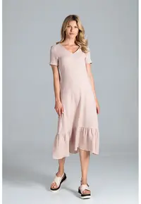 Rochie midi bej din bumbac cu volane si maneci scurte - Bej