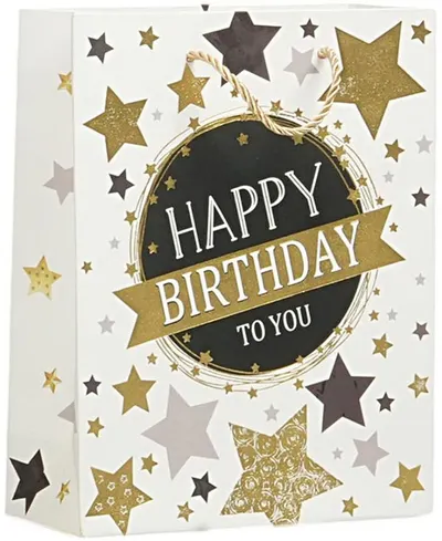 Pungă cadou Happy Birthday - Stele, 26 х 32 х 10 cm, alb