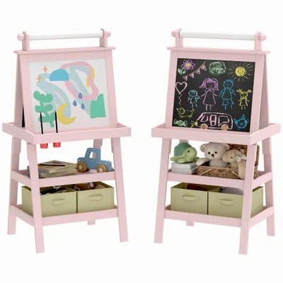 AIYAPLAY Tablă de Desen Dublă Pentru Copii 3-6 Ani, 59x48x118 cm, Roz | Aosom Romania