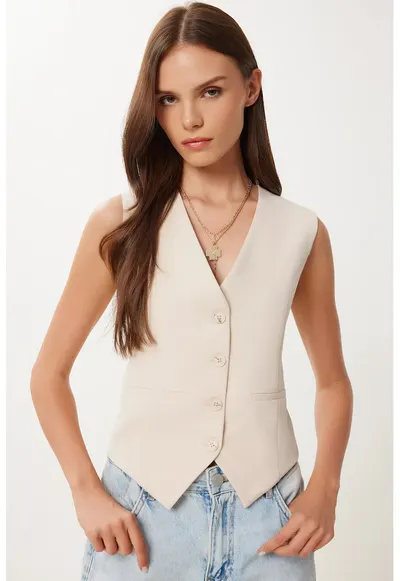 Vesta scurta - Happiness Istanbul - casual - crem - bumbac si poliester - cu nasturi