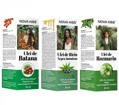 Set Uleiuri Batana, Rozmarin E i Ricin NOVA KISS ,100% Naturale, Premium, pentru CreE terea Parului E i Ingrijirea Scalpului, 3 x 60 ml