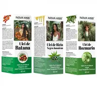 Set Uleiuri Batana, Rozmarin E i Ricin NOVA KISS ,100% Naturale, Premium, pentru CreE terea Parului E i Ingrijirea Scalpului, 3 x 60 ml
