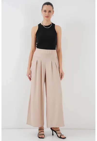 Pantaloni dama - HiCCUP - plisati - bej - poliester-elastan