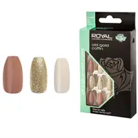 Set 24 Unghii False ROYAL Glue-On Nail Tips, Old Gold Coffin, Adeziv Inclus 2 g