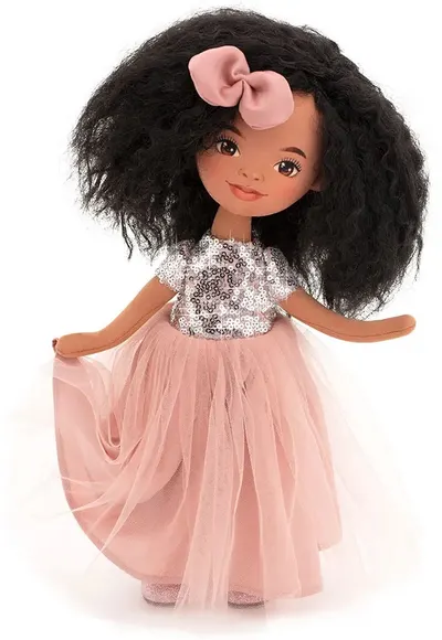 Păpușă moale Orange Toys Sweet Sisters - Tina în rochie roz cu paiete, 32 cm