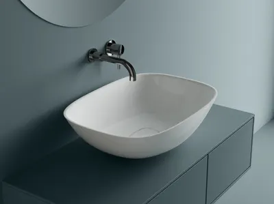 Lavoar pe blat, din compozit alb lucios, oval, 60x43x18 cm, Foglia Aman
