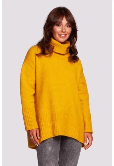 Pulover tricotat cu guler inalt - - Galben mustar