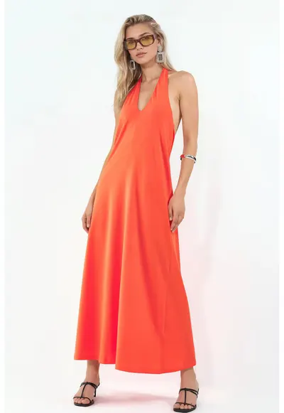 Rochie Midi bumbac - guler halter - portocalie
