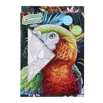Set Pictură pe Numere – Model Papagal | 30x40 cm | 12 Culori Acrilice + 3 Pensule