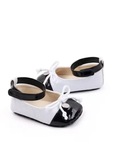 Pantofi Cu Fundita - Casual - Piele ecologica - Fete - Velcro - Alb/Negru