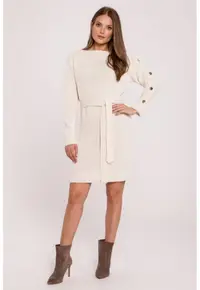 Rochie tip pulover cu nasturi decorativi pe maneci - - Ecru