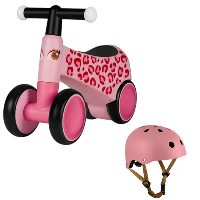 Bicicleta fara pedale, Lionelo, Sammy, Cu 4 roti, Din spuma EVA, Stabila, Manere moi, antiderapante, 12- 36 luni, Greutate maxima suportata 25 kg + Casca pentru copii, Reglabila 50-56 cm, Roz