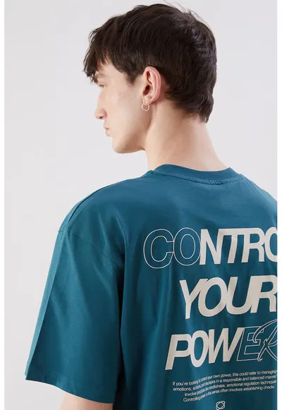 Tricou lejer cu imprimeu text pe partea din spate - Albastru petrol