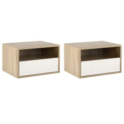 HOMCOM Set de 2 Noptiere Suspendate din Lemn, Design Modern cu Sertar și Raft, Alb și Lemn, 45x35x27.5cm | Aosom Romania