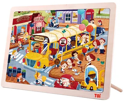 Puzzle din lemn pentru copii Toi World - Autobus scolar, 100 piese