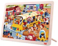Puzzle din lemn pentru copii Toi World - Autobus scolar, 100 piese