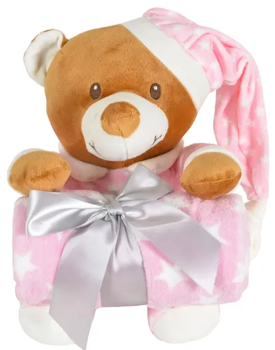 Pătură pentru copii cu jucărie moale Cangaroo - Addie Bear, 90 х 75 cm, roz