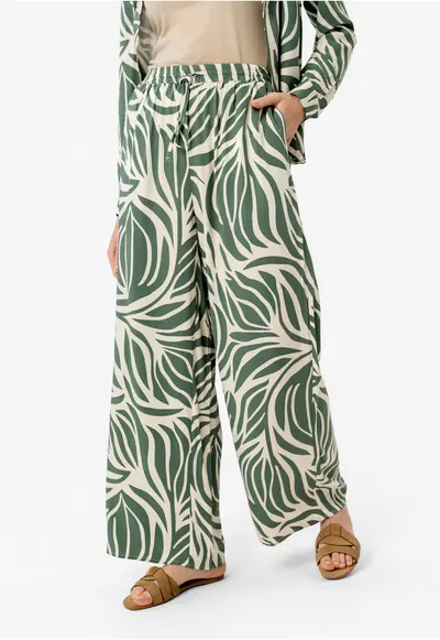 Pantaloni lejeri dama din viscoza cu model floral - talie elastica cu snur - Comfort Fit - R-Dolana - verde - Verde