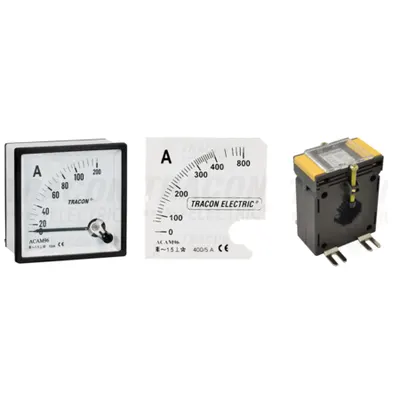 Pachet Complet Masurare Curent 250A AC Clasa 0.5: Ampermetru Analogic 48x48mm ACAM48-5, Scala SCALES-AC48-250 si Transformator Curent AV40250SH