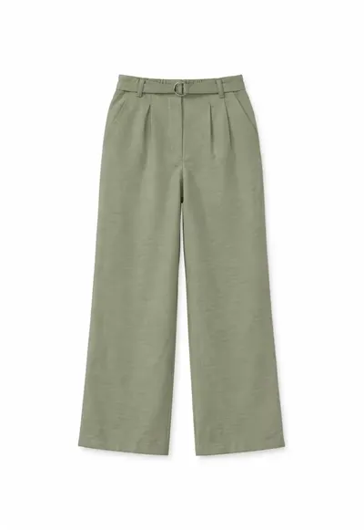 Pantaloni dama - talie inalta - picior larg - kaki - poliester