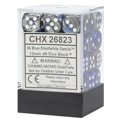 Set 36 Zaruri Chessex Gemini 12mm d6 Dice Blocks with pips - Albastru-Otel/Alb