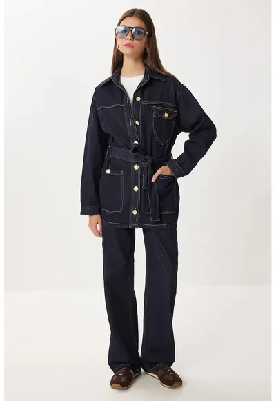 Set coordonat Jacheta din denim si pantaloni cu picior larg - Happiness Istanbul - albastru - denim de bumbac