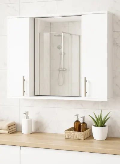 Dulap baie suspendat seria 020 cu oglinda, front MDF, montat, alb, 80x71 cm