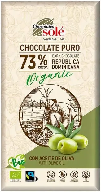 Ciocolată neagră organică cu ulei de măsline, 73% cacao, 100 g, Chocolates Solé