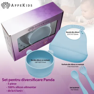 Set diversificare AppeKids din silicon 5 piese Panda Aqua Blue