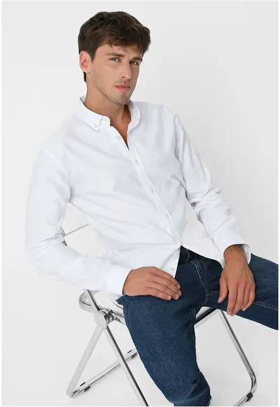 Camasa barbateasca din bumbac cu guler fixat cu nasturi - Slim Fit - K-Salix - Alba - Alb