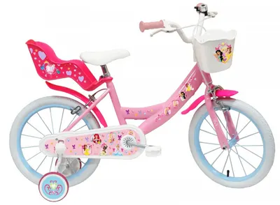 Bicicleta pentru copii Denver Disney Princess 16 inch, frana de mana pe ambele roti, clopotel, roti ajutatoare detasabile, suport pentru papusi, cosulet transport pe ghidon