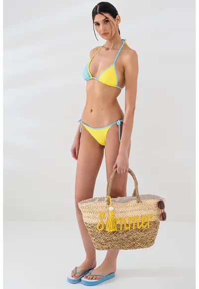 Sutien de baie cu cupe triunghiulare - Albastru pastel/Verde lime