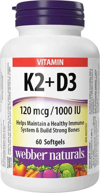 Vitamin K2 + D3, 120 mcg/25 mcg, 60 capsule gelatinoase moi, Webber Naturals