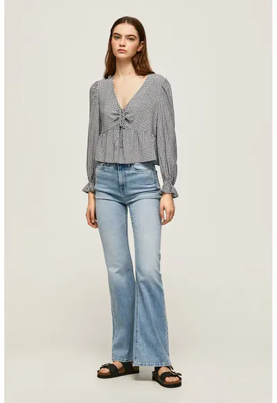 Bluza cu model si decolteu in V - Alb/Bleumarin