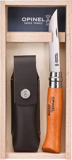 Cuțit pliabil Opinel Carbone - 8.5 cm, cu teacă de piele