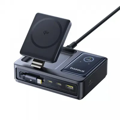 Incarcator Statie Baseus Nomos QI 5in1, 140W, 5A, 1 x USB-A - 2 x USB-C, Negru P10170902123-00