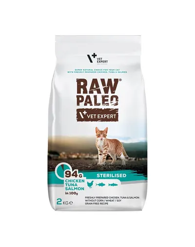 VETEXPERT Raw Paleo Sterilised Chicken&Tuna&Salmon Hrana uscata pentru pisici sterilizate 2 kg