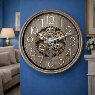 Ceas de perete decorativ cu mecanism vizibil design industrial vintage, 50cm