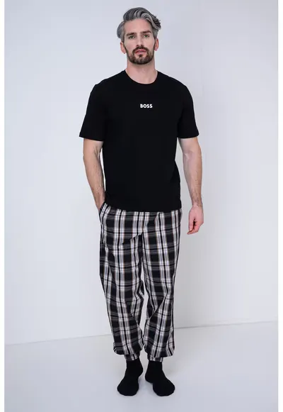 Pijama de bumbac cu imprimeu logo si carouri - Alb/Negru/Maro